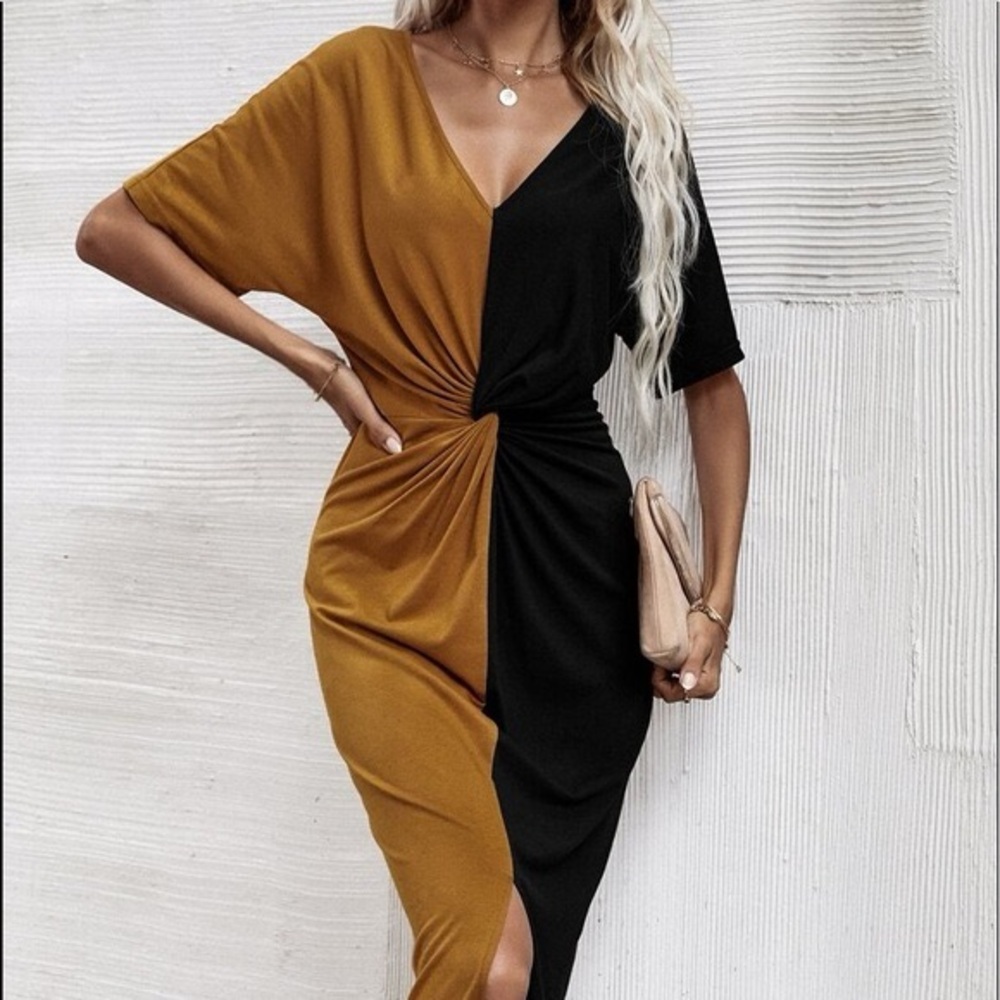 Colorblock Twist Front Midi Dress – Black & Brown | Size Large
